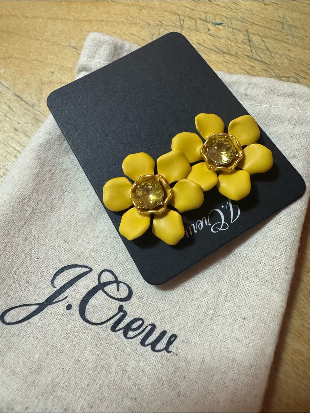 NWT Rare Vintage J. Crew Yellow Crystal Floral Stud Earrings with Pouch